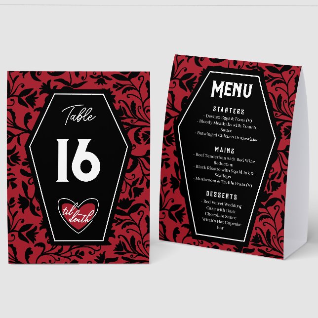 Til Death Goth Wedding Menu & Table Number Paper Table Tent (Front/Back)