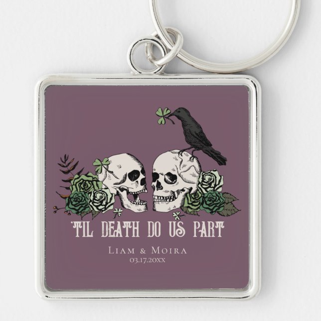 Til Death Gothic Blush Pink Floral Skull Keychain (Front)