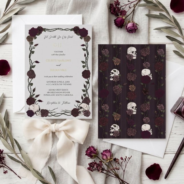 Til Death Gothic Burgundy Roses Light Gray Wedding Foil Invitation (Moody soft gothic hand-drawn skull and rose til death do us part wedding invitation on silver gray)