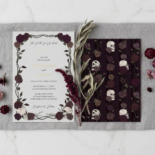 Til Death Gothic Burgundy Roses Light Gray Wedding Foil Invitation