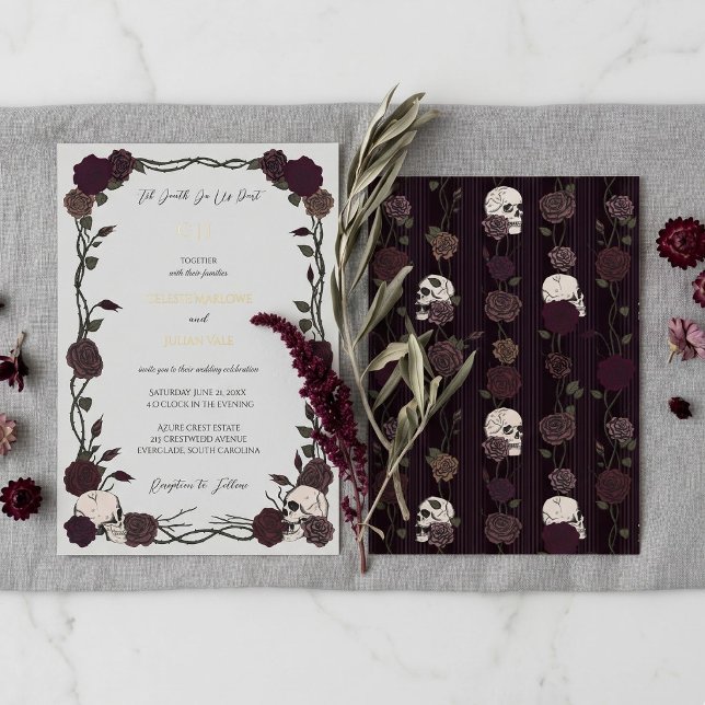 Til Death Gothic Burgundy Roses Light Gray Wedding Foil Invitation (Soft Gothic Wedding Invitation featuring Maroon Skulls and Roses with Gold Foil details)