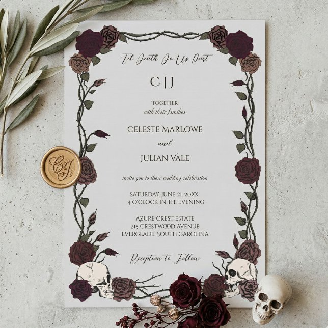 Til Death Gothic Burgundy Roses Light Gray Wedding Invitation (moody Hand-drawn skull and rose 'til death do us part wedding invitation with whimsigoth aesthetic)