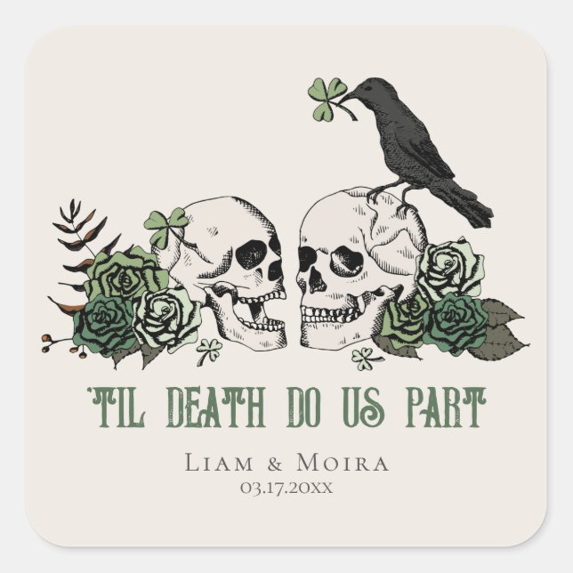 Til Death Gothic Floral Skull Irish Wedding Square Sticker (Front)