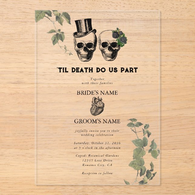 Til Death Gothic Heart Floral Skulls Wedding Acrylic Invitations (Front)