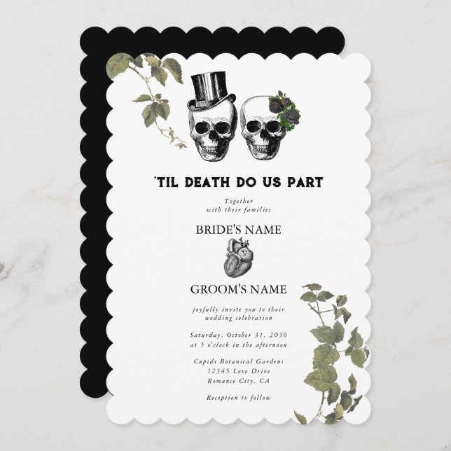 Til Death Gothic Heart Floral Skulls Wedding Invitation (Front/Back)