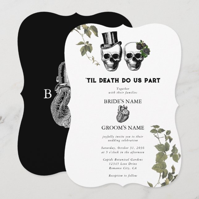 Til Death Gothic Heart Floral Skulls Wedding Invitation (Front/Back)