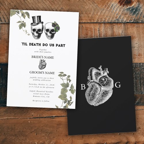 Til Death Gothic Heart Floral Skulls Wedding Invitation