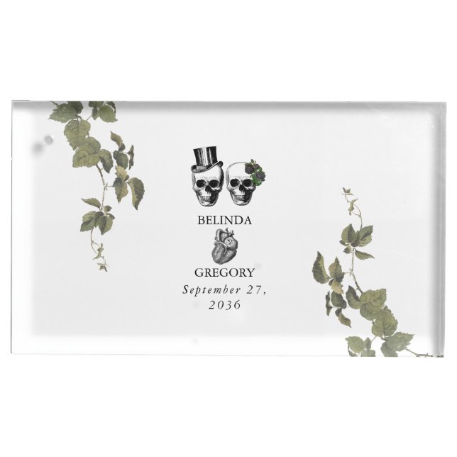 Til Death Gothic Heart Floral Skulls Wedding Place Card Holder (Front)