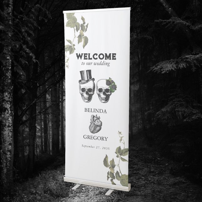 Til Death Gothic Heart Floral Skulls Wedding Retractable Banner (Gothic Heart Floral Skull Wedding Order of Service Retractable Banner)