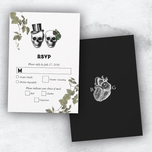 Til Death Gothic Heart Floral Skulls Wedding RSVP Card