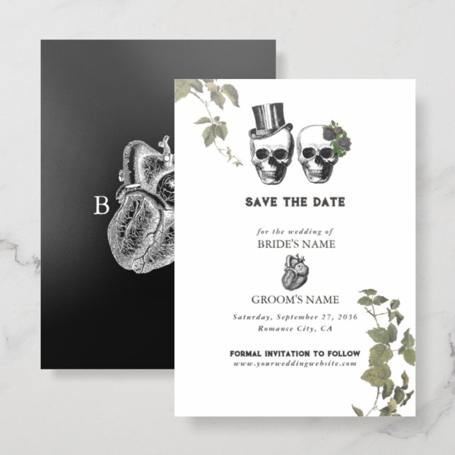 Til Death Gothic Heart Skull Wedding Save the Date Letterpress Photo Cards (Front/Back)