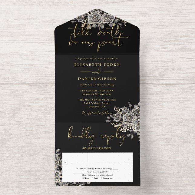 Til Death Gothic Roses Floral Wedding Foil All In One Invitation (Inside)