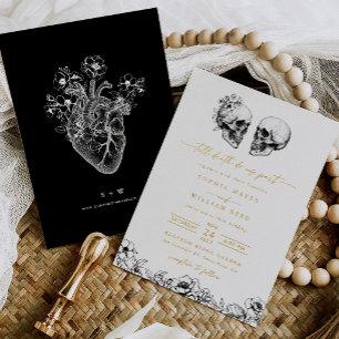 Til Death Gothic Skull Dark Black Floral Wedding Foil Invitation