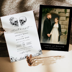 Til Death Gothic Skull Photo Black Floral Wedding Invitation