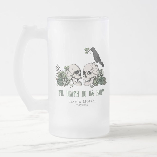 Til Death Gothic St Patricks Day Floral Skull Frosted Glass Beer Mug (Left)