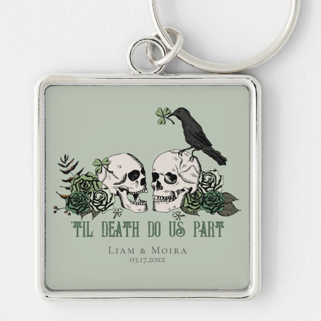 Til Death Gothic St Patricks Day Floral Skull Keychain (Front)
