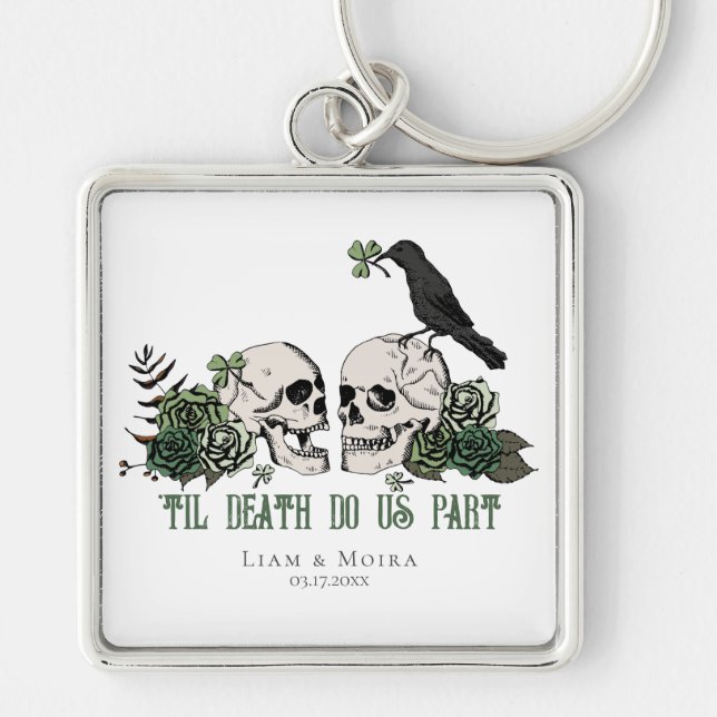 Til Death Gothic St Patricks Day Floral Skull Keychain (Front)