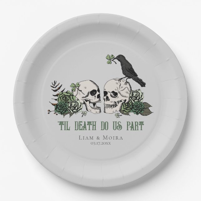 Til Death Gothic St Patricks Day Floral Skull Paper Plates (Front)