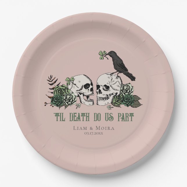 Til Death Gothic St Patricks Day Floral Skull Paper Plates (Front)