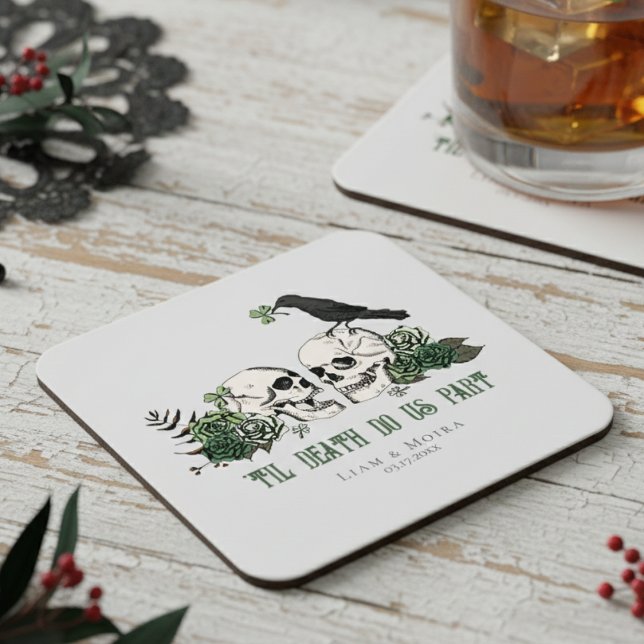 Til Death Gothic St Patricks Day Floral Skull Square Paper Coaster (Soft Gray Floral Irish Skull 'Til Death Do Us Part Wedding Coasters. Skulls, Roses, Shamrock & Raven)