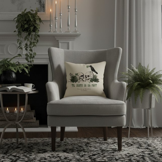 Til Death Gothic St Patricks Day Floral Skull Throw Pillow (Gothic Irish 'Til Death Do Us Part White Pillow. Goth Illustration of 2 Skulls, Green Roses & Raven)