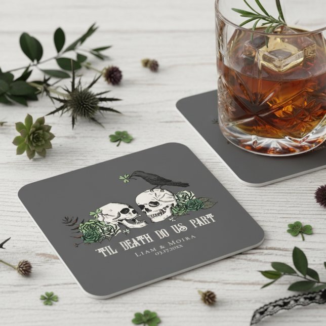 Til Death Gray Goth St Patricks Day Floral Skull Square Paper Coaster (Dark Gray Floral Irish Skull 'Til Death Do Us Part Wedding Coasters. Skulls, Roses, Shamrock & Raven)
