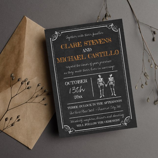 Til Death Halloween Skeleton Orange Black Wedding Invitation (Creator Uploaded)