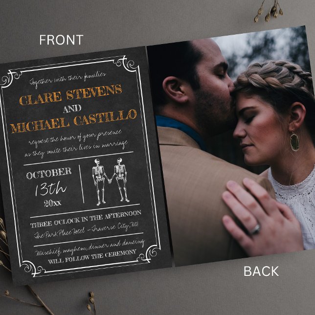 Til Death Halloween Skeleton Orange Black Wedding Invitation (Creator Uploaded)