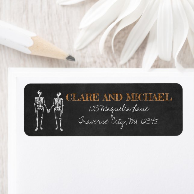 Til Death Halloween Skeleton Orange Black Wedding Label (Insitu)