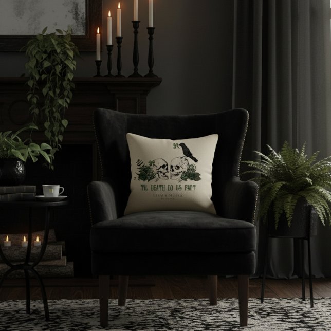 Til Death Ivory Gothic Irish Floral Skull & Roses Throw Pillow (Gothic Irish 'Til Death Do Us Part Ivory Pillow. Goth Illustration of 2 Skulls, Green Roses & Raven)