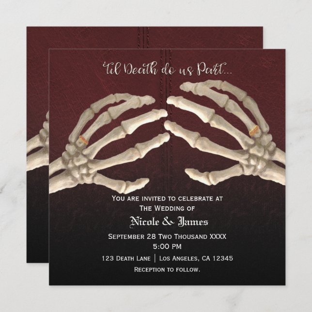 Til Death Maroon Skeleton Gold Wedding Marriage Invitation (Front/Back)