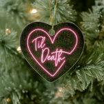 Til Death Neon First Christmas Married Engaged Ceramic Ornament<br><div class="desc">Pink neon sign inspired "Til Death" heart design over boxwood inspired background with custom white text for bride and groom's names and wedding date on back.</div>