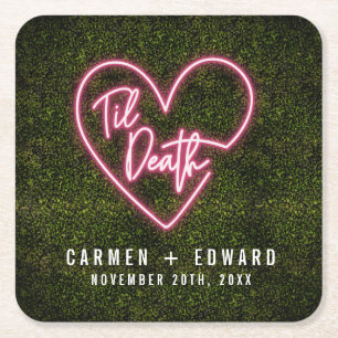 Til Death Neon Sign Heart Wedding Square Paper Coaster