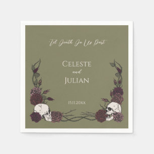 Til Death Olive Green Gothic Skull & Rose Wedding Napkins
