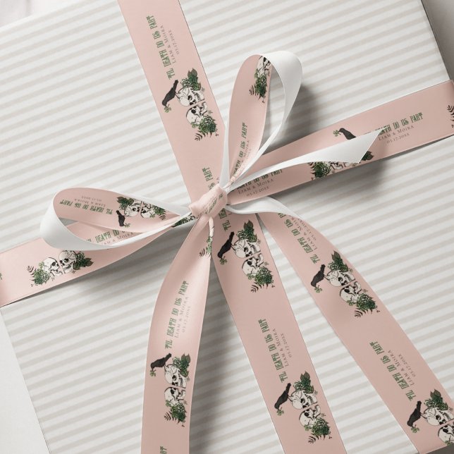 Til Death Pink Gothic St Patricks Day Floral Skull Satin Ribbon (Irish Gothic Bridal Shower Blush Pink Ribbon. Hand Drawn Skulls, Black Raven, Green Roses, Shamrocks)
