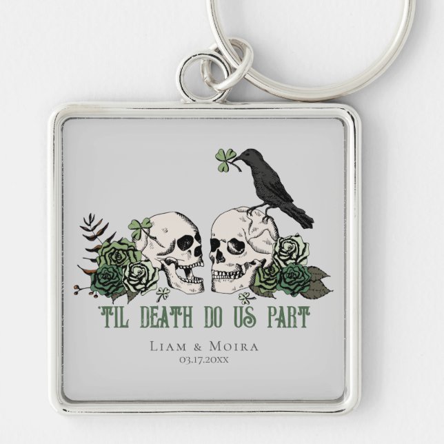 Til Death Romantic Goth Green Floral Skull Keychain (Front)
