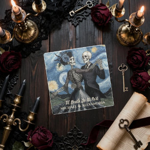 Til Death Skeleton Van Gogh Gothic Wedding Favor Glass Coaster