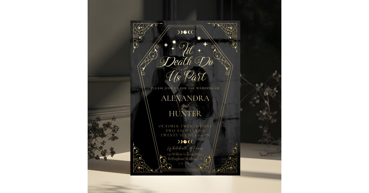 Til Death Watercolor Black Gothic Photo Wedding Foil Invitation