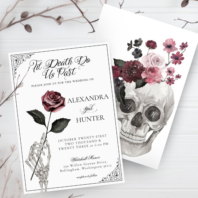 Til Death Watercolor Skeleton Rose Gothic Wedding Invitation