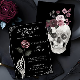 Til Death Watercolor Skeleton Rose Gothic Wedding Invitation