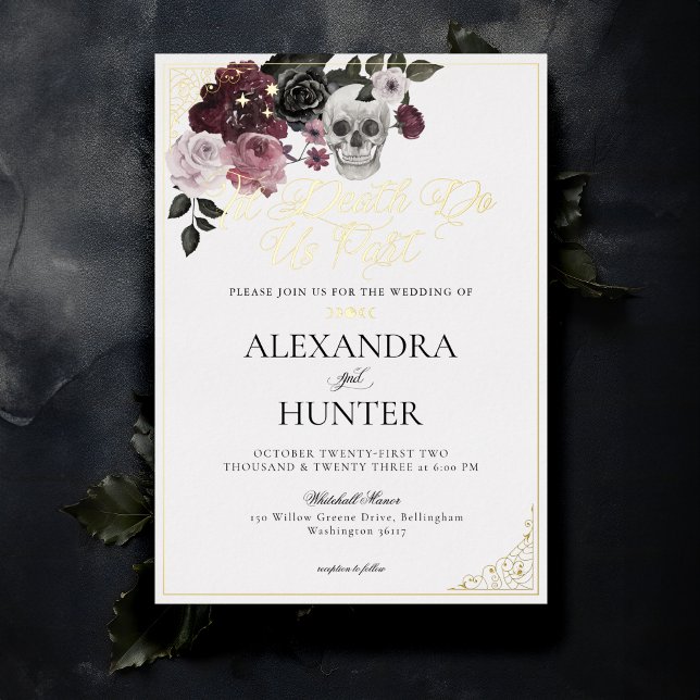 Til Death Watercolor Skull Rose Gothic Wedding Foil Invitation