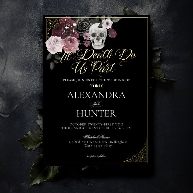 Til Death Watercolor Skull Rose Gothic Wedding Foil Invitation (Til Death Watercolor Skull Rose Gothic Wedding Foil Black Invitation)