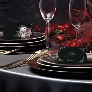 Til Death Watercolor Skull Rose Gothic Wedding Place Card