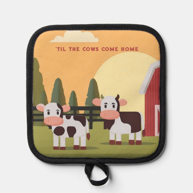 Til the Cows Come Home Two Cows Red Barn Sunrise Pot Holder (Front)