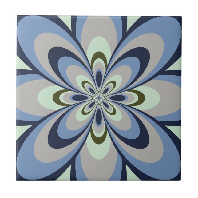 Tile, Abstract Flower 4, Blue, Grey, Green Tile (Front)