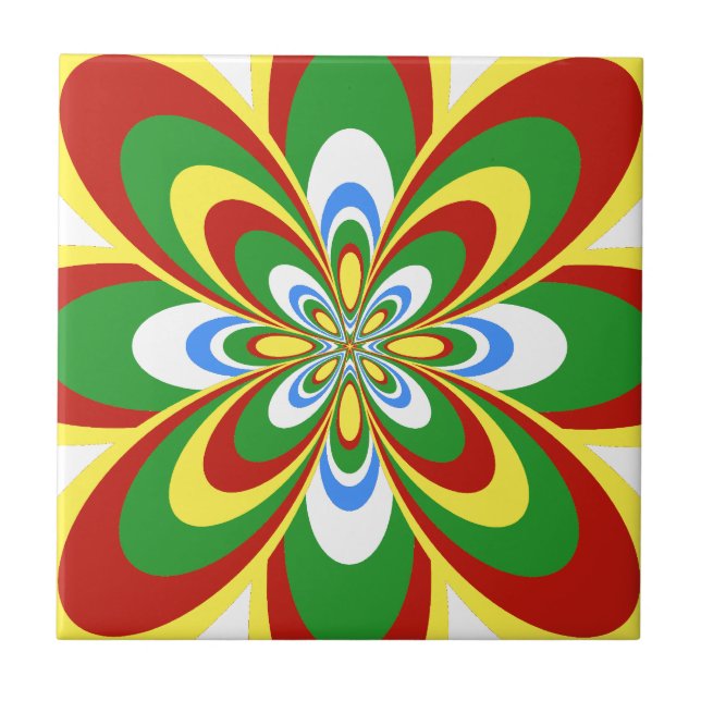 Tile, Abstract Flower 4, Rasta Red, Yellow Green Tile (Front)