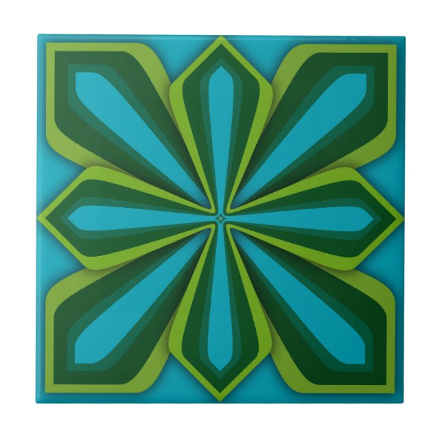 Tile, Abstract Flower, Cyan Chartreuse Green Ceramic Tile (Front)