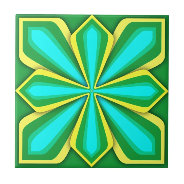 Tile, Abstract Flower, Green Yellow Cyan Ceramic Tile (Front)