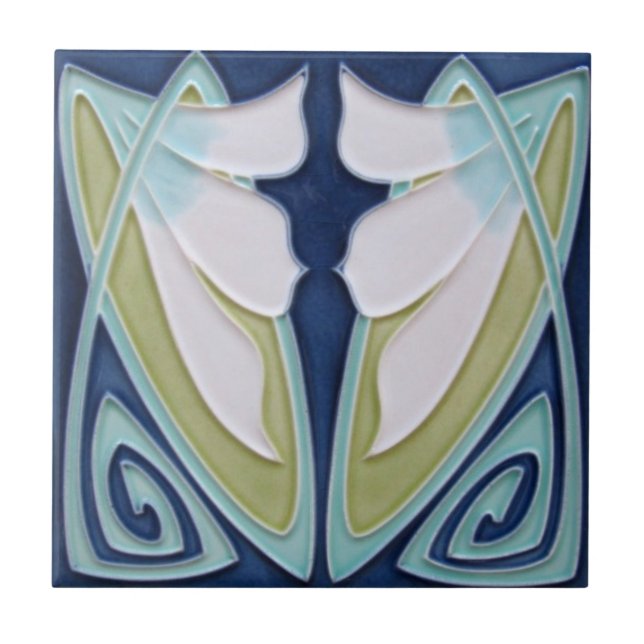 Tile - Art Nouveau Blue Background White Flowers (Front)