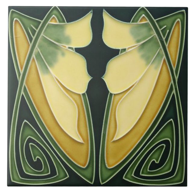 Tile - Art Nouveau Green Background Ivory Flowers (Front)